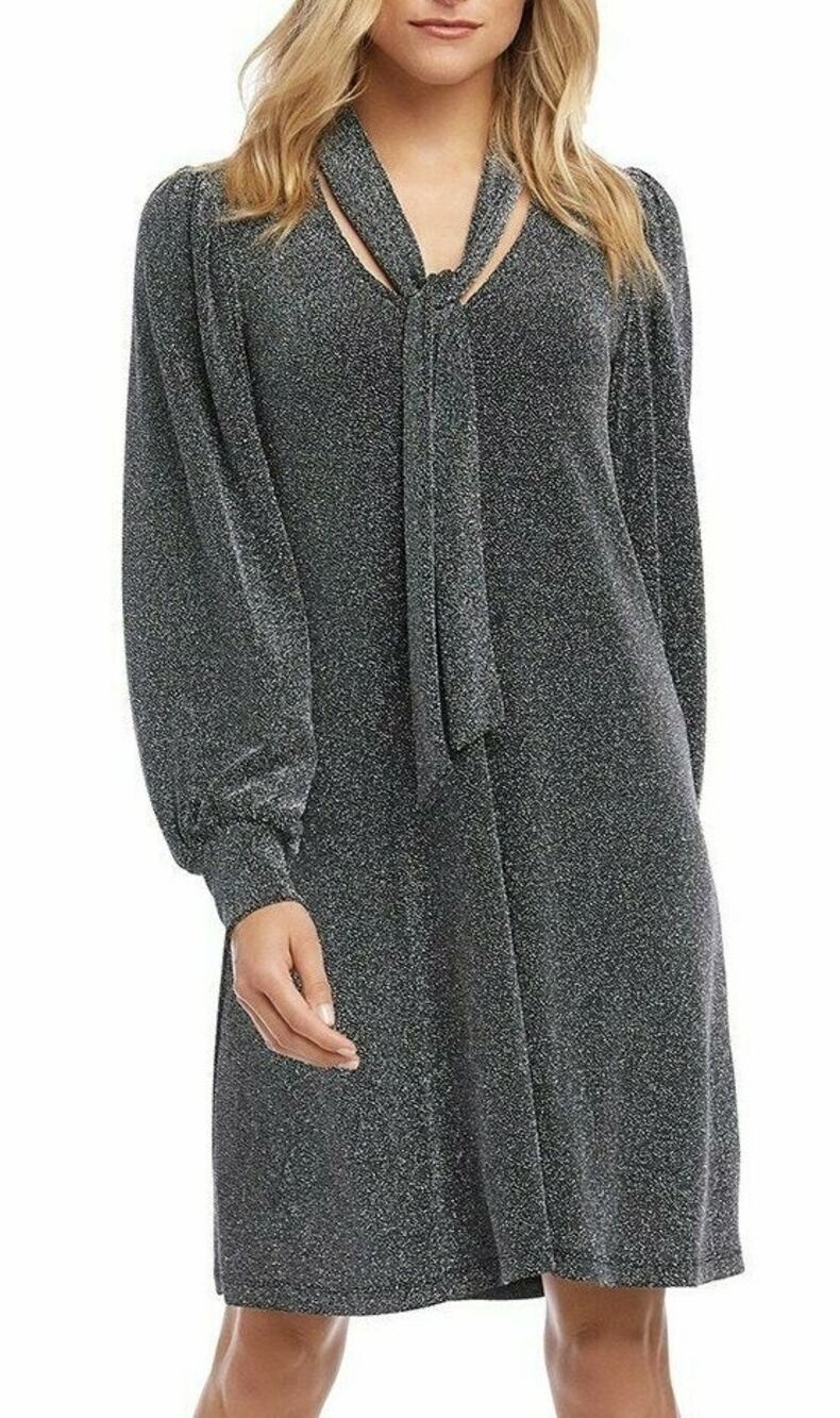 KAREN KANE Black Silver Embellished Long Sleeve Tie Neck Short Cocktail Dress S